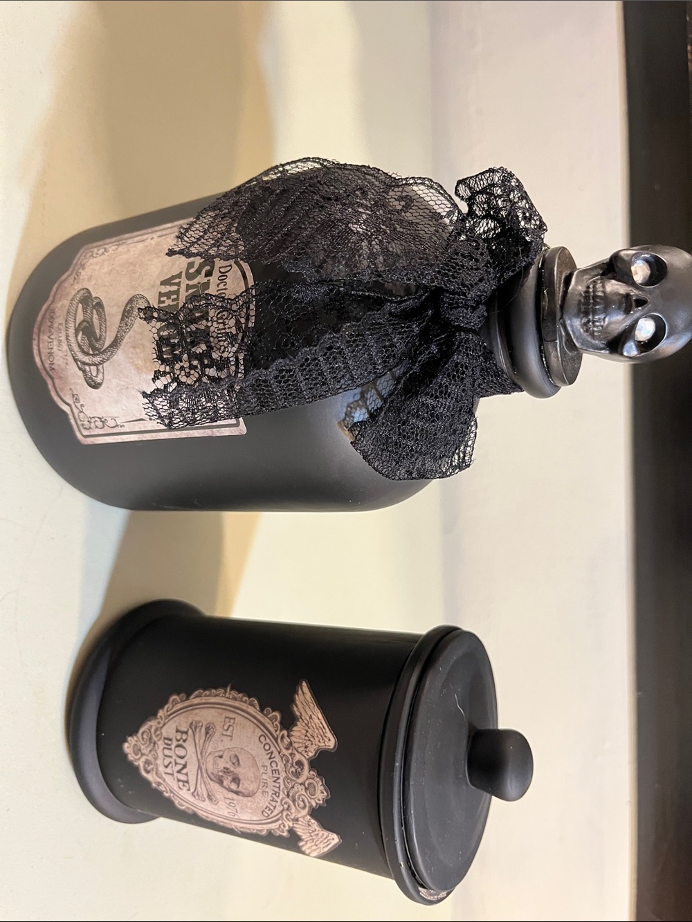 Black Apothecary Jar with Skull Stopper - Decorative Home Accent